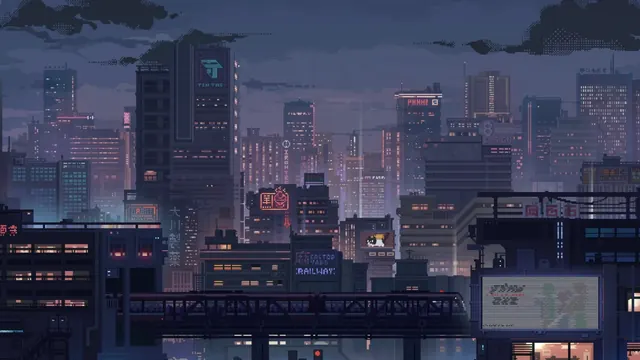 Pixel-art Night City skyline with neon signs, tall buildings, haze, and moon