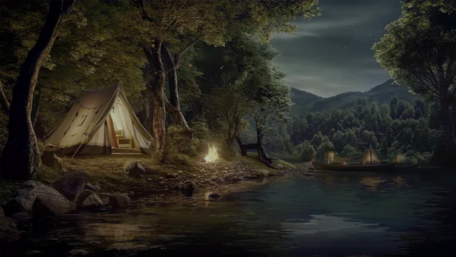 Glowing tent beside a still forest lake at night with dark trees along the far shore