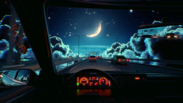 Dark highway winding through rolling clouds at night with distant city glow