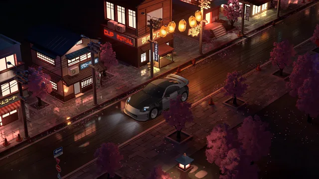 Elevated Japanese night streets with lanterns, shops, and a torii gate