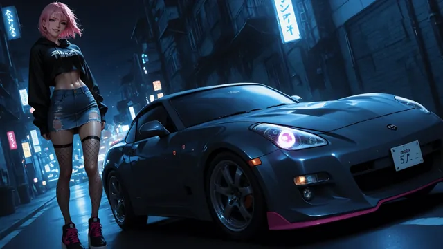 Customized Nissan 350Z beside a pink-haired anime girl on a neon Japanese street