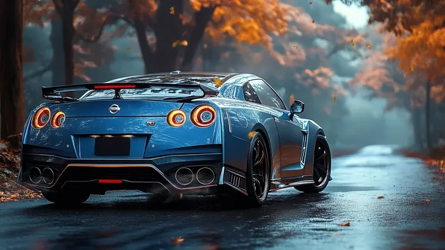 Nissan GT-R on a rain-soaked autumn road with forest, reflections and drifting leaves.
