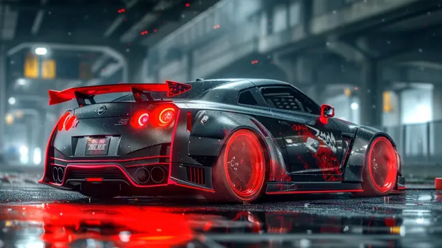 Black Nissan GT-R in a rainy night setting with red neon accents and wet reflections.
