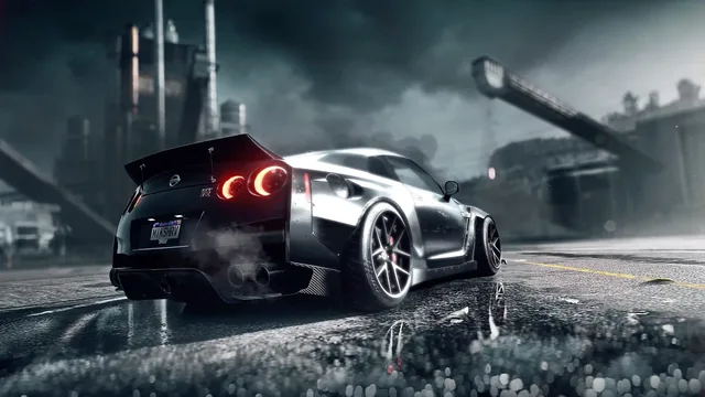 Nissan GT-R R35 in a rain-soaked city with racing-game styling