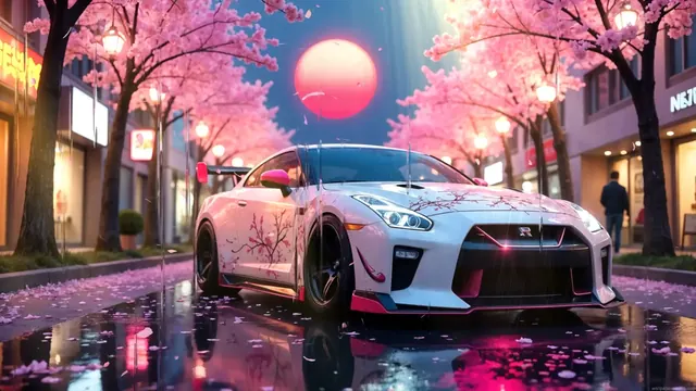 Nissan GT-R beneath pink sakura trees in a live wallpaper