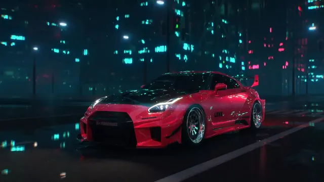 Nissan GT-R in a futuristic cyberpunk street setting with surrounding glow.