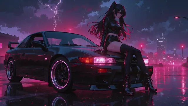 Nissan Silvia S13 with anime hood art on a neon rain-wet street