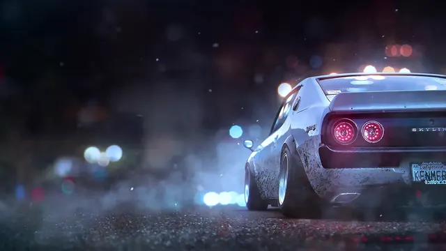 Nissan Skyline GT-R Kenmeri on a wet misty city road at night