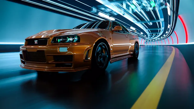 Nissan Skyline GT-R R34 driving through a dim tunnel with overhead lights sweeping its body