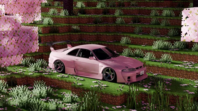 Pink Nissan Skyline R33 among Minecraft flowers