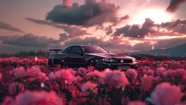 Nissan Skyline R34 positioned in an open flower field