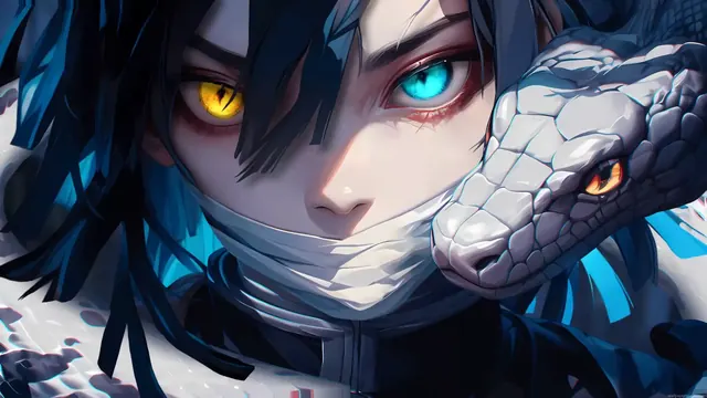 Close-up of Obanai Iguro beside his white snake from Demon Slayer