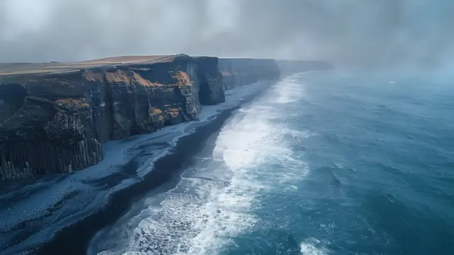 Fog drifting around dark volcanic ocean cliffs above a black-sand beach