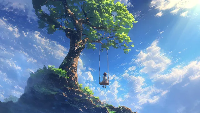 Tree swing hanging above clouds from a floating island