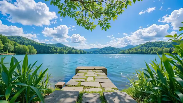 A peaceful blue lake set beneath a mountain landscape