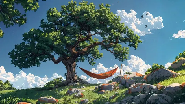 A hammock resting beneath a large tree in a peaceful outdoor scene
