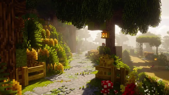 Sunlit stone path through a leafy Minecraft forest with small lanterns