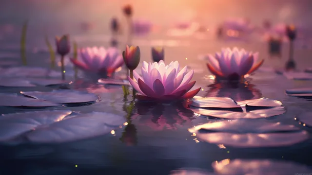 Pink lotus flowers and lily pads reflected in dusk-lit water