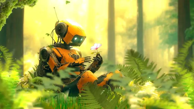 Peaceful robot set within a quiet natural environment