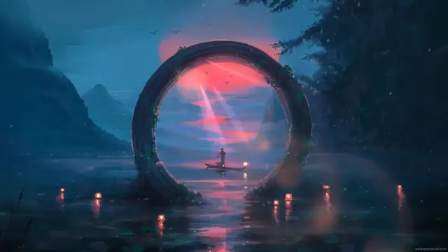 A peaceful warrior framed by a sunset landscape