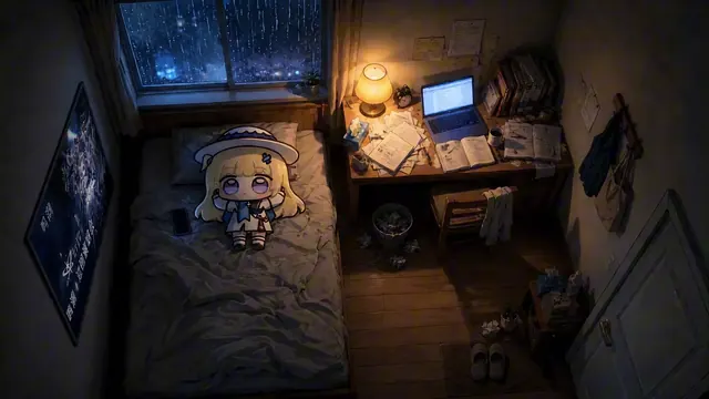Chibi Phoebe sitting on a bed in a warm room filled with study materials