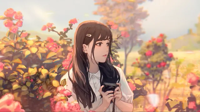 Anime girl holding a vintage camera in a garden of pink blossoms