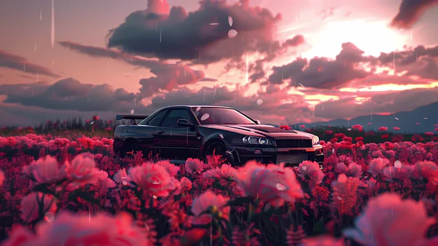 Black Nissan Skyline R34 in a rainy pink flower field at sunset