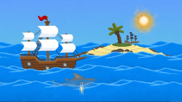 Pixel-art pirate ship in a seafaring fantasy adventure scene