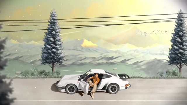 Anime girl relaxing beside a parked Porsche 911 on a quiet roadside in soft dusk light