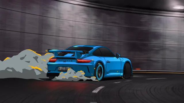 Porsche 911 GT3 sliding sideways through a drift with smoke from the rear tyres