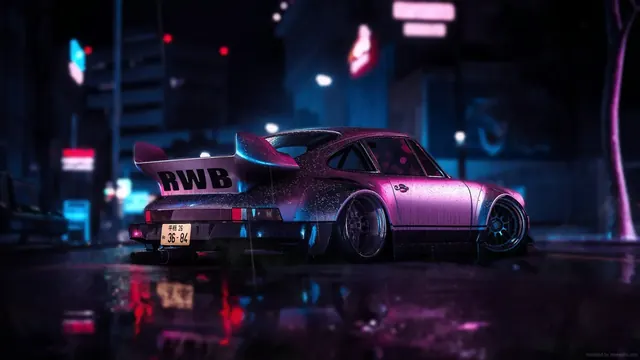 Widebody Porsche 911 RWB parked beneath neon city lights at night