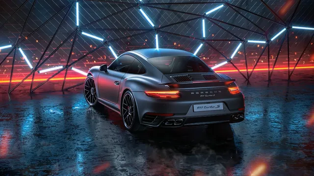 Porsche 911 Turbo S in a neon-lit cyberpunk setting with reflections on its metallic body.