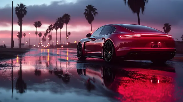 Red Porsche Panamera on a rain-soaked city street at sunset with palm trees and lights.