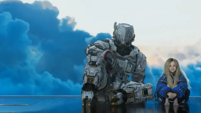 Sci-fi companion robot featured in a Pragmata game wallpaper