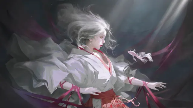 Silver-haired anime girl suspended underwater with pale flowing fabric and soft light