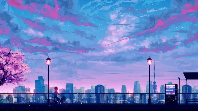 Cyclist riding along a lit bridge toward a city beneath a purple evening sky