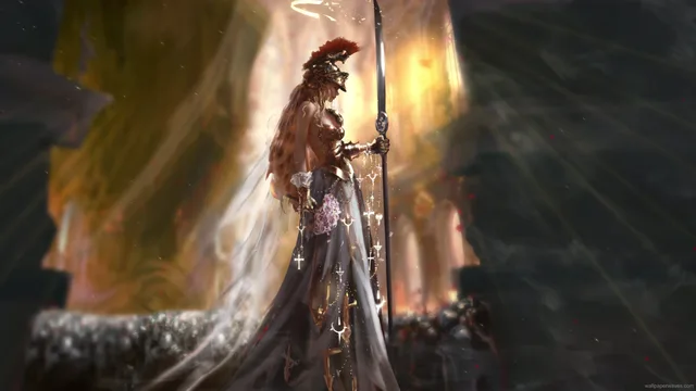Armored fantasy queen beside a golden waterfall and drifting red petals