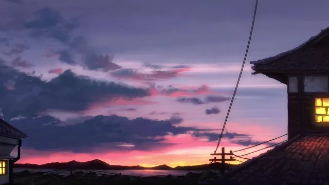 Quiet rooftops and one glowing window beneath a pink, orange, and blue sunset
