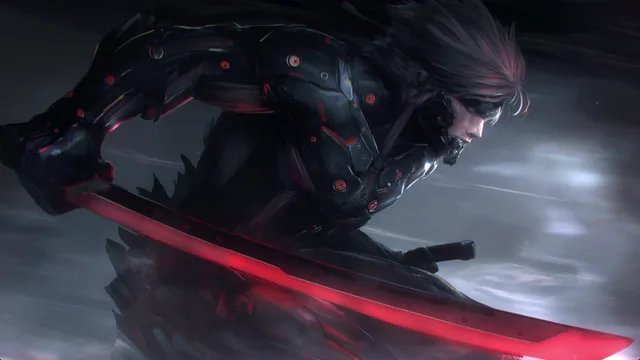 Raiden leaning over a glowing red katana in storm clouds