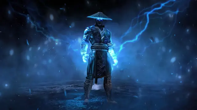 Raiden surrounded by blue lightning in a dark Mortal Kombat arena