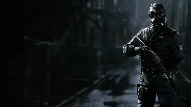 Masked S.A.S. operator with shotgun in a rainy dark combat zone.