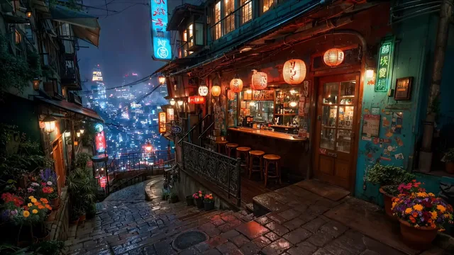 Rainy stone alley with neon signs, lanterns, and warm light from a small bar