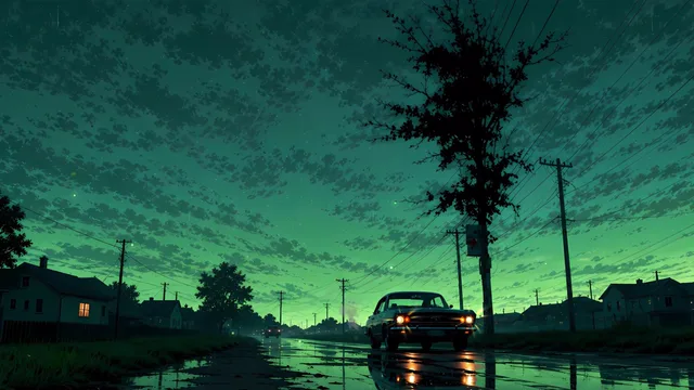 Car driving through a rain-soaked green suburb at dusk with wipers sweeping the windshield