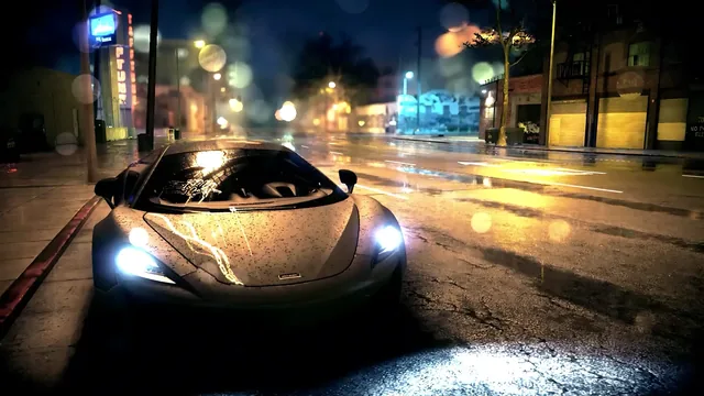 Supercar on a rain-wet street at night with glowing reflections