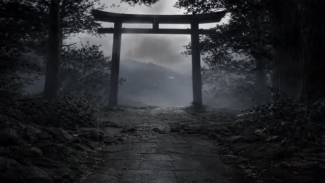 Rainy stone path leading through a torii gate in a dark forest