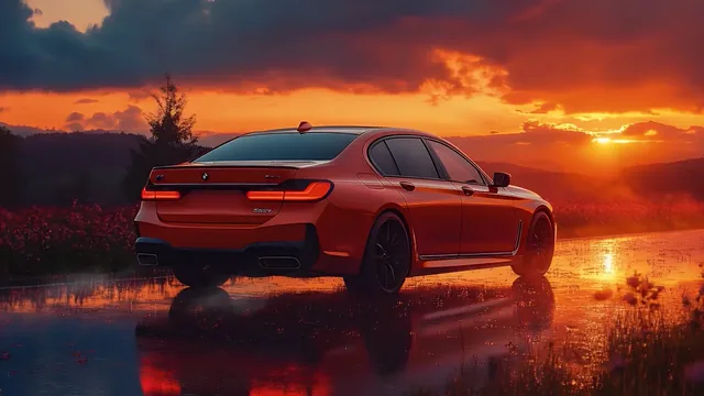 Red BMW 7 Series beside a wet road under an orange, gold and crimson sunset.