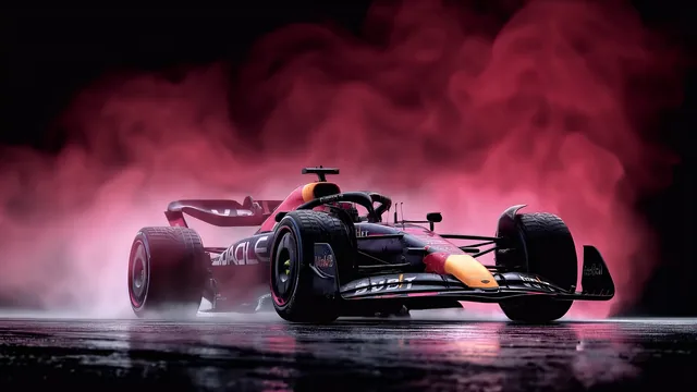 Red Bull Formula 1 car on a soaked track amid smoke, dark reflections and bold color.