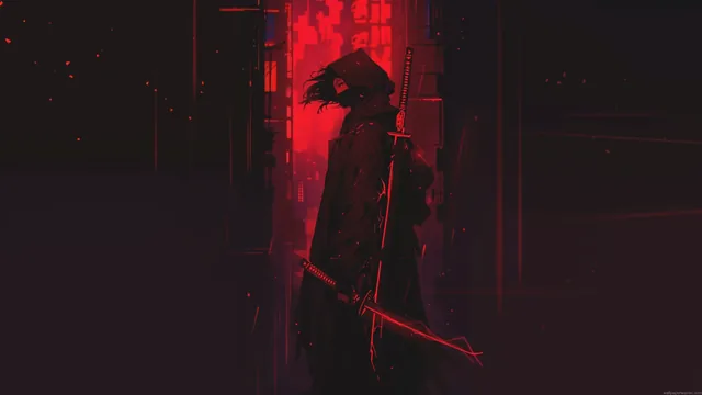 Red cyber samurai presented as a disciplined futuristic warrior
