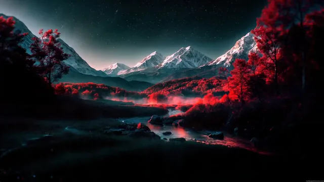 Red forest below snow-covered peaks in a 4K landscape live wallpaper
