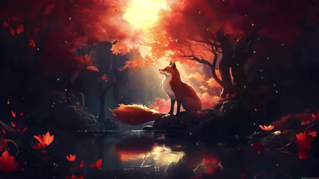 Red fox sitting among golden autumn leaves on a sunlit forest floor